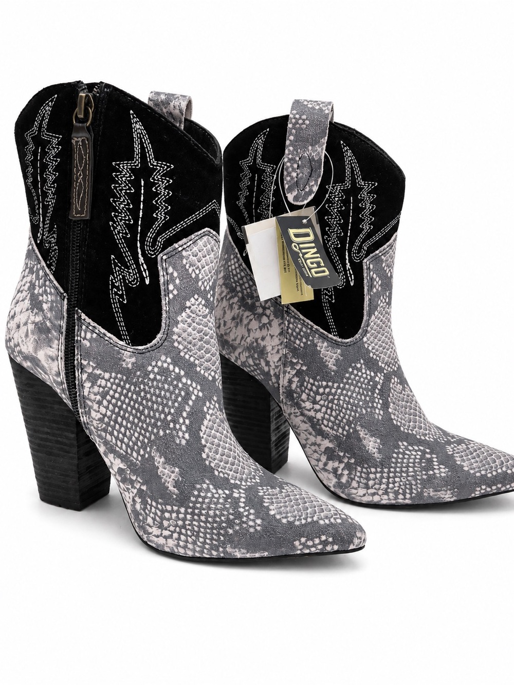 dingo Calico Snake Print Leather Black/White/Gray Bootie $179 BNWT🩶